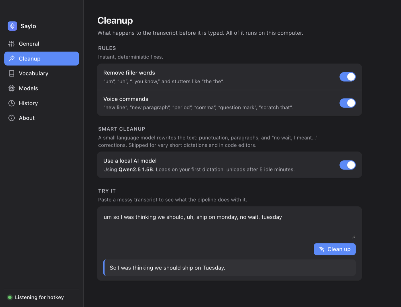 Saylo's Cleanup settings, showing filler-word removal, voice commands and the local AI model, with a messy transcript cleaned up below.