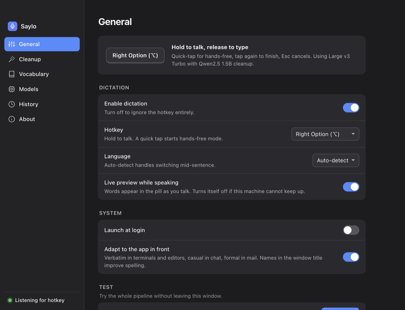 Saylo's General settings, showing the hotkey, language, live preview and app-awareness switches.