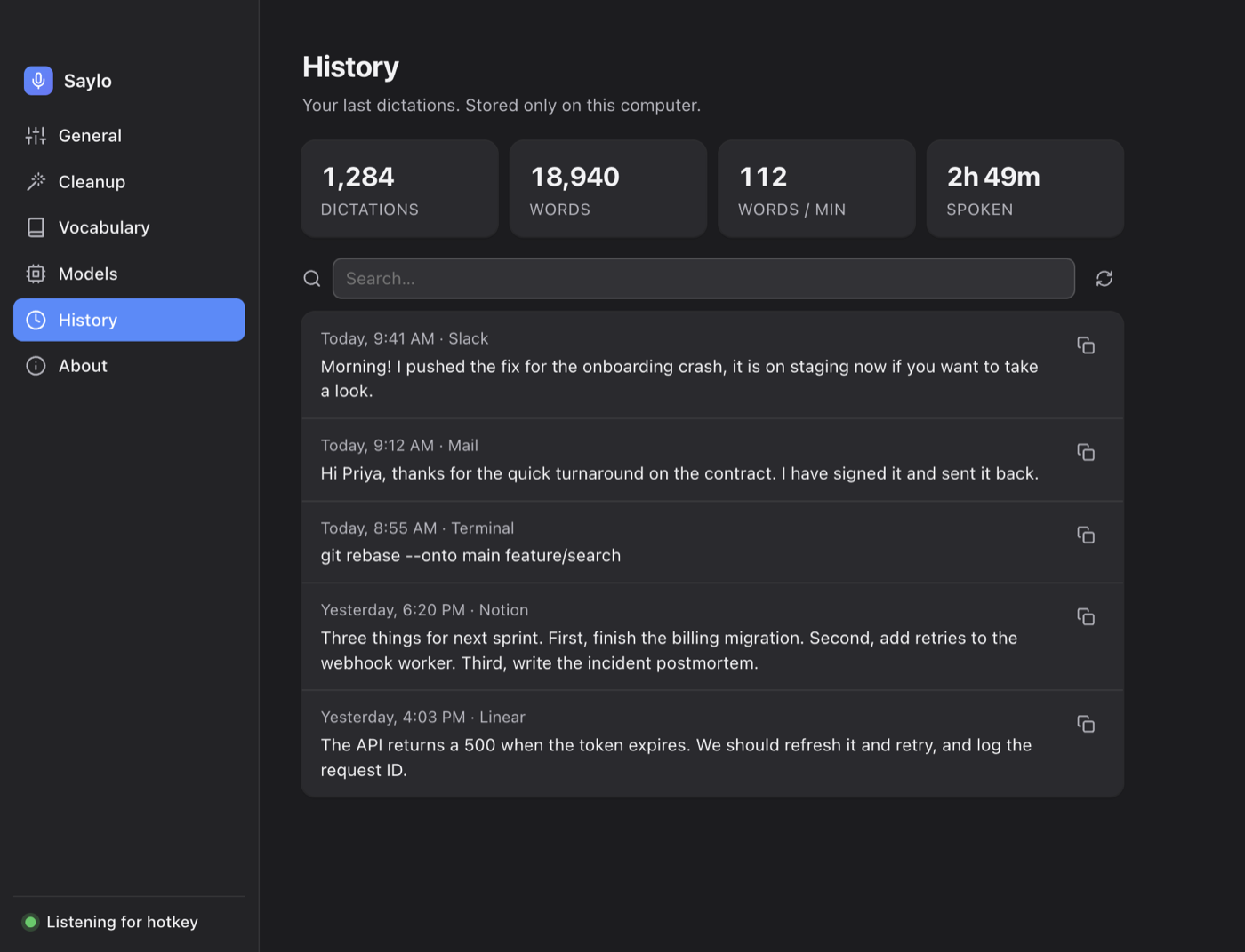 Saylo's History page with search, and tiles counting dictations, words, words per minute and time spoken.