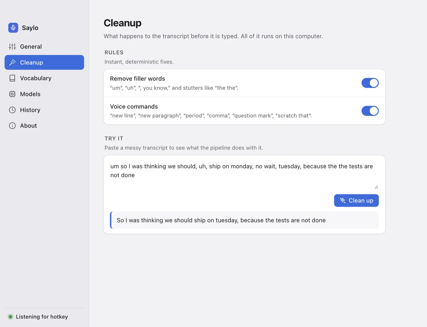 Saylo's Cleanup settings with filler removal, voice commands and a messy transcript cleaned up.