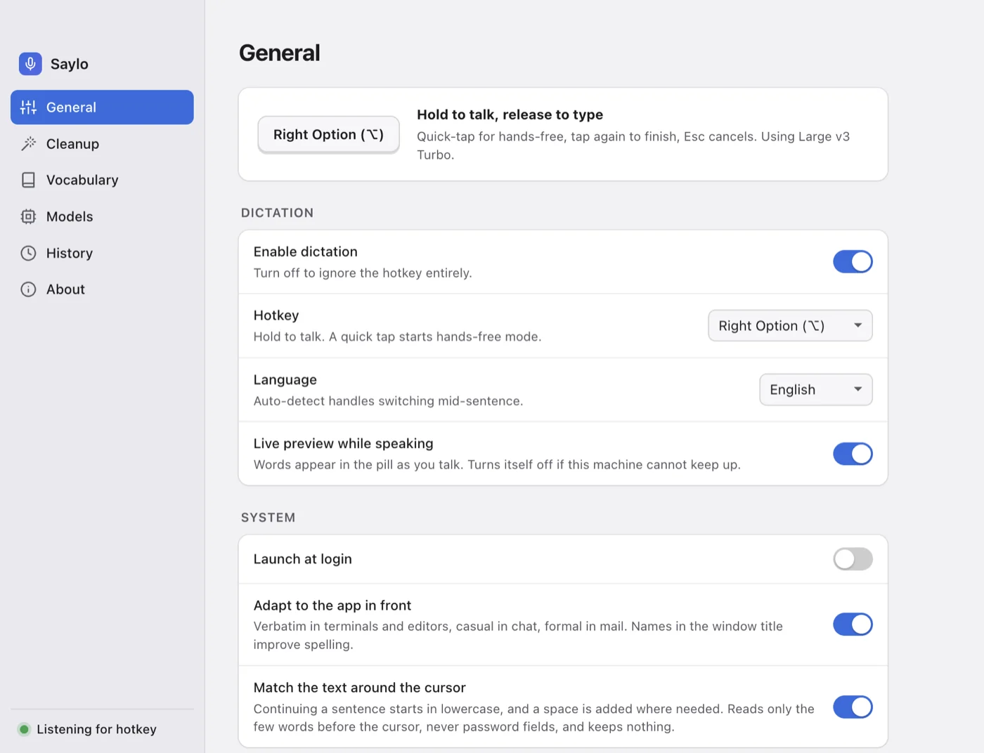 Saylo's General settings: the hotkey, language, live preview and app-awareness switches.