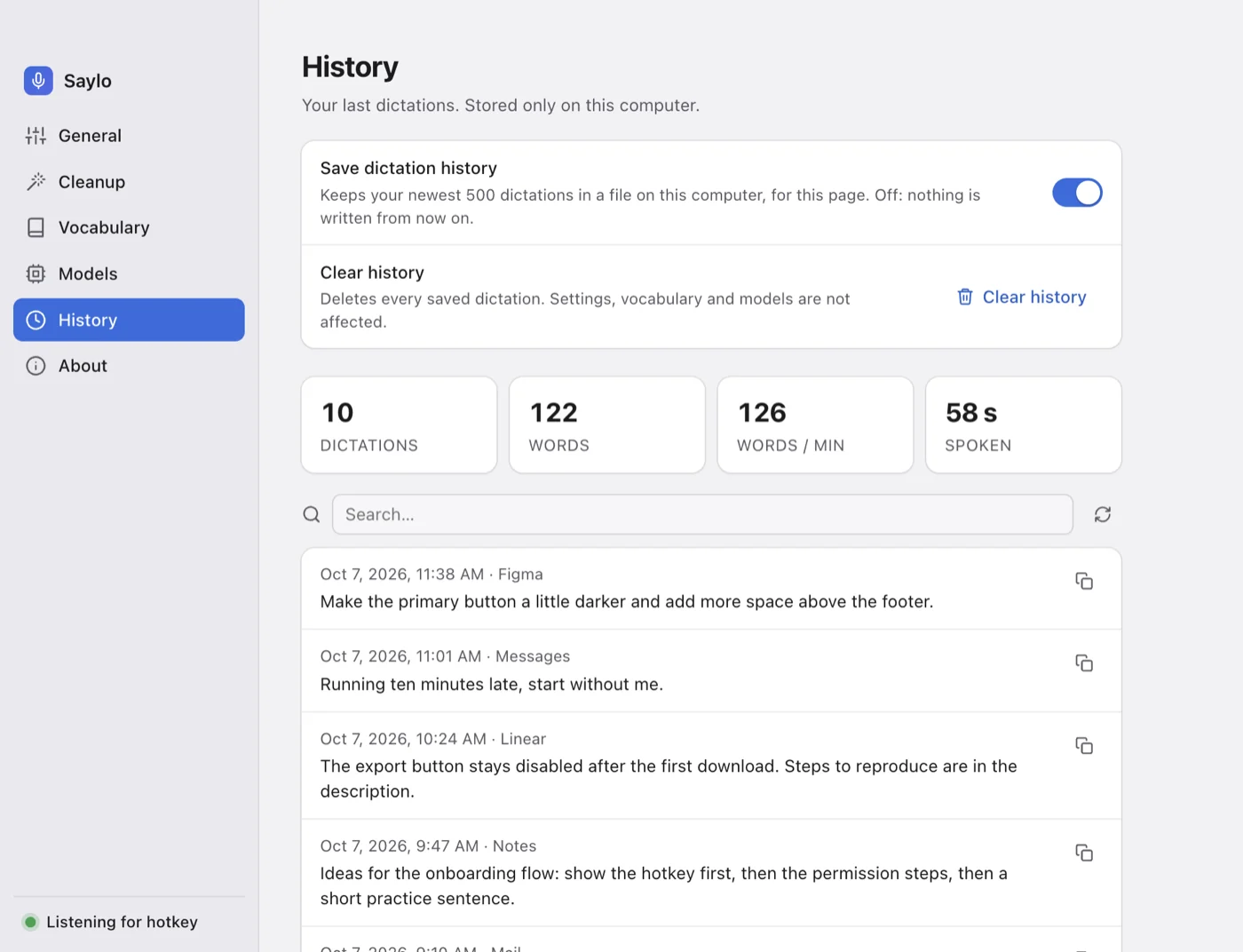 Saylo's History page with search and tiles counting dictations, words, words per minute and time spoken.