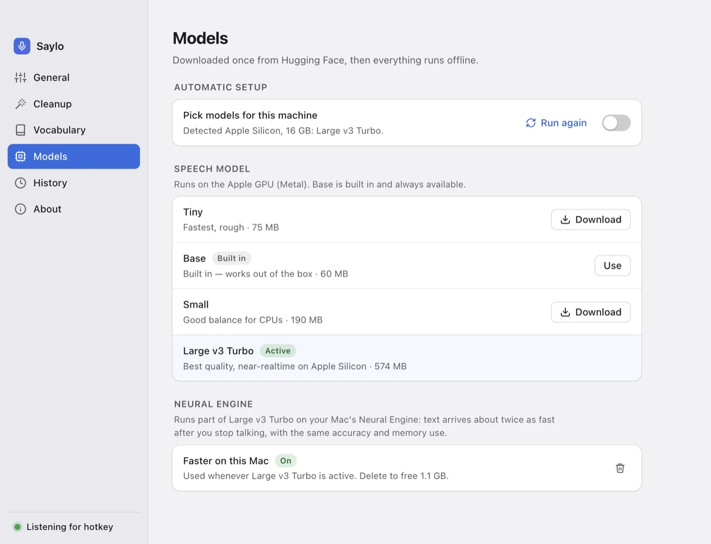 Saylo's Models page with automatic hardware detection, speech models and the Neural Engine option.