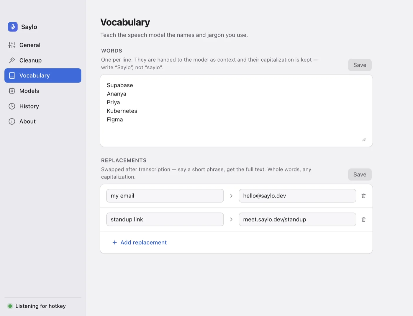 Saylo's Vocabulary settings with custom words and spoken replacements.